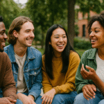 American slang: A diverse group of young people chatting outdoors in a friendly setting