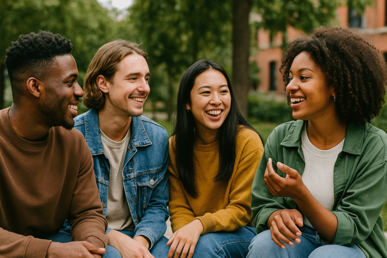 American slang: A diverse group of young people chatting outdoors in a friendly setting